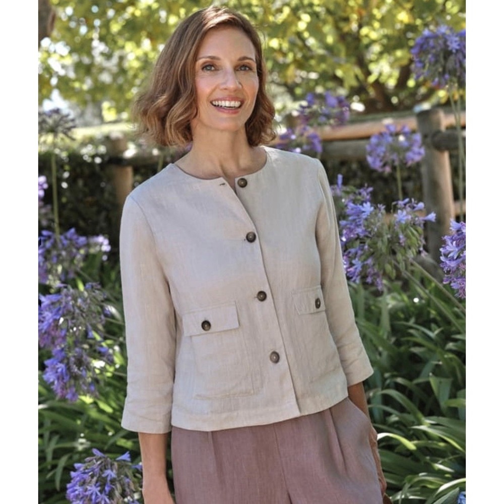 WoolOvers Women's Stone Collarless Lightweight Linen Jacket Boxy Neutral Size 12